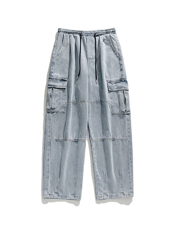 Men's Vintage Wash Denim Loose Cargo Jeans-4