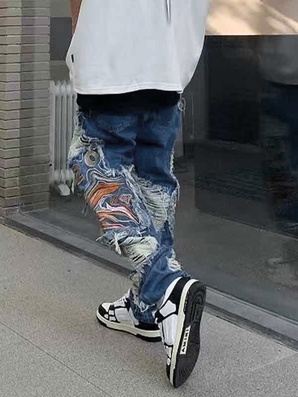 Men's Embroidery Ripped Burr Loose Jeans-2
