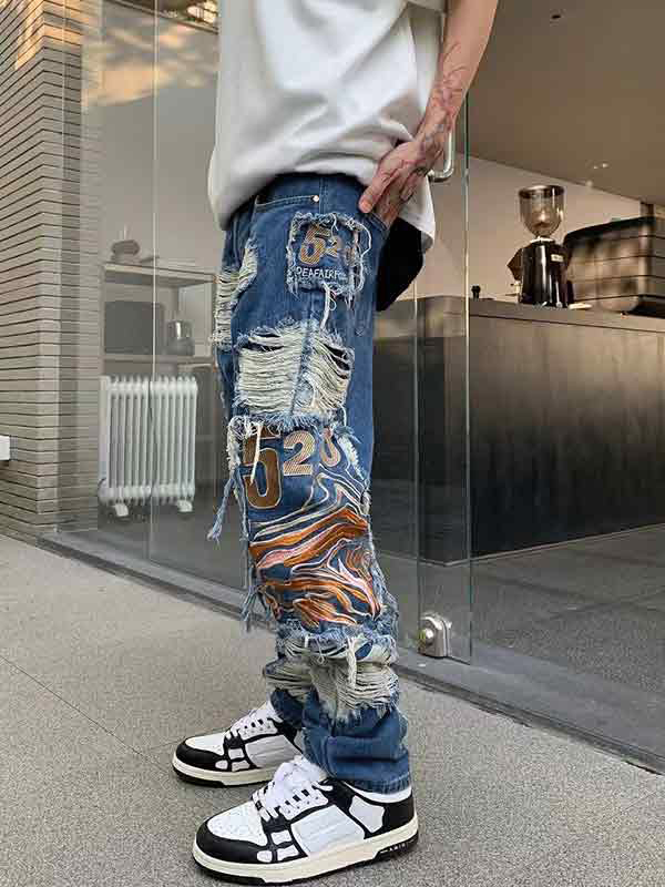 Men's Embroidery Ripped Burr Loose Jeans-1