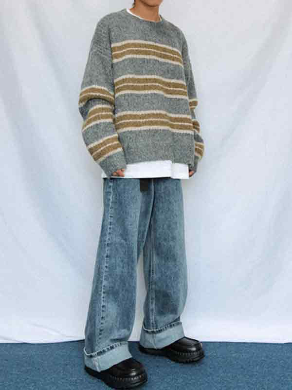 Men's Contrast Color Stripe Cozy Knit Sweatshirt-2