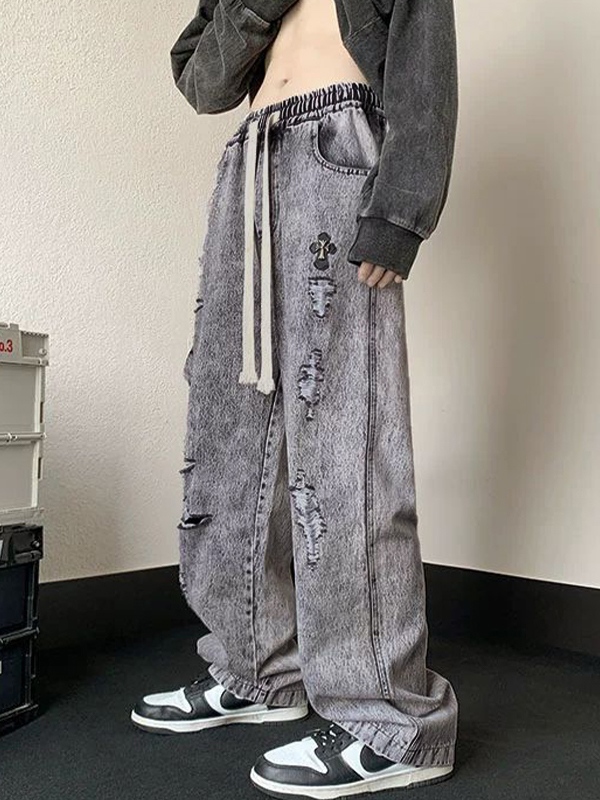 Men's Gray Wash Ripped Drawstring Loose Jeans-2