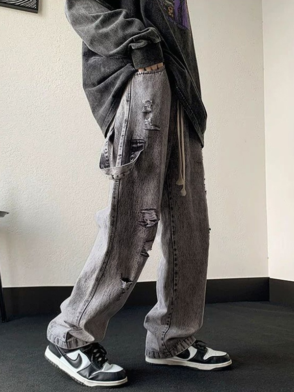 Men's Gray Wash Ripped Drawstring Loose Jeans-1