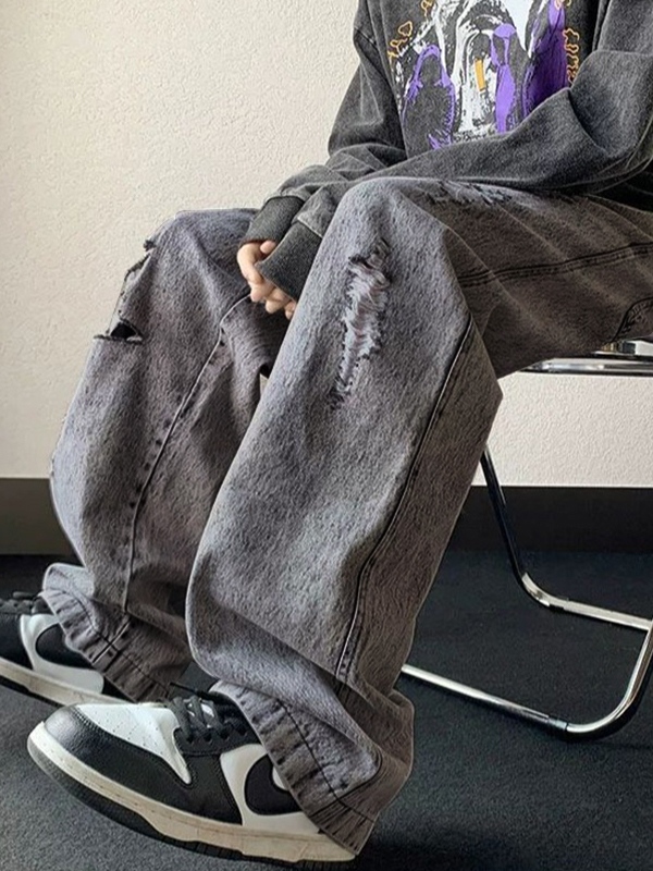 Men's Gray Wash Ripped Drawstring Loose Jeans-4