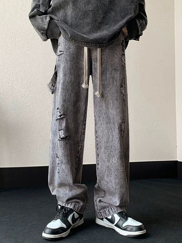 Men's Gray Wash Ripped Drawstring Loose Jeans-3