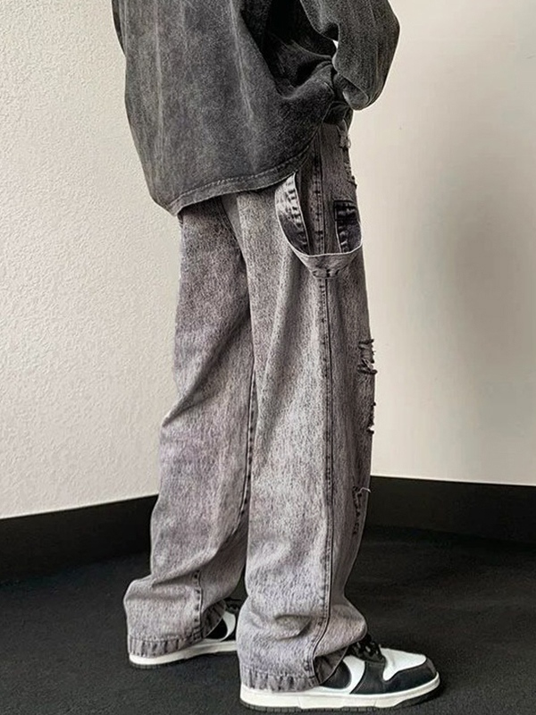 Men's Gray Wash Ripped Drawstring Loose Jeans-5
