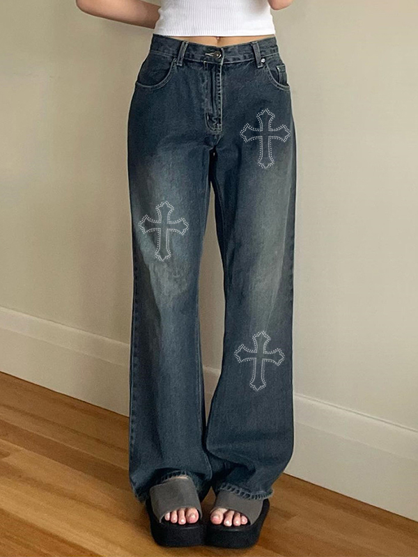 Washed Cross Print Boyfriend Jeans-1