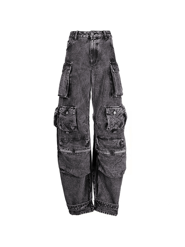 Washed Distressed Gray Multi Pocket Splice Cargo Jeans-3