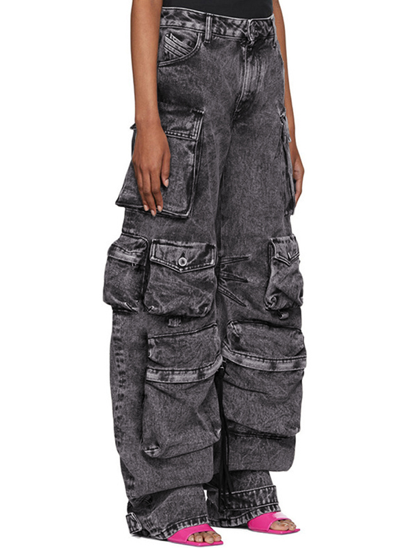 Washed Distressed Gray Multi Pocket Splice Cargo Jeans-1