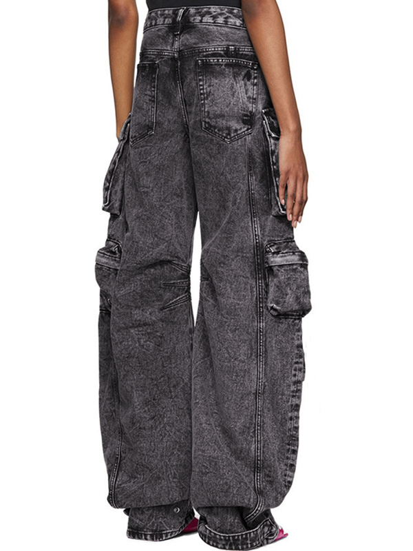 Washed Distressed Gray Multi Pocket Splice Cargo Jeans-2