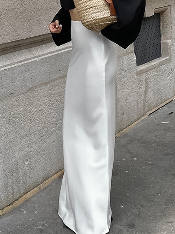 Solid Satin High Rise Mermaid Maxi Skirt-2