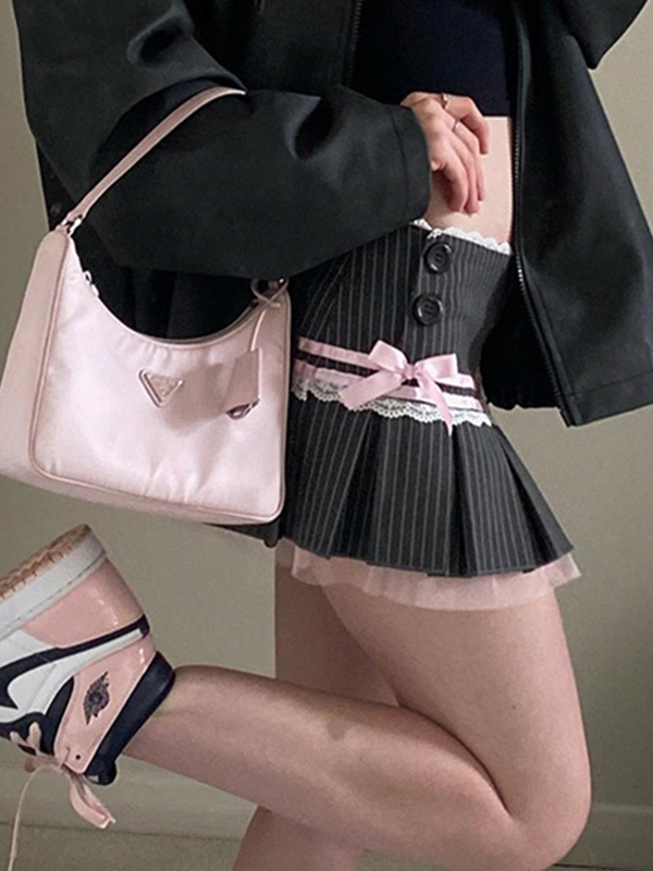 Pinstripe Lace Splice Bow Decor Pleated Low Rise Mini Skirt-3