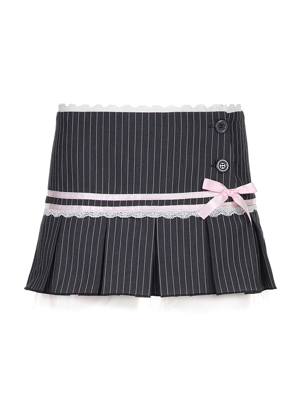 Pinstripe Lace Splice Bow Decor Pleated Low Rise Mini Skirt-4