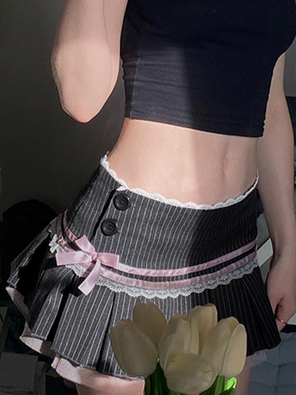 Pinstripe Lace Splice Bow Decor Pleated Low Rise Mini Skirt-2