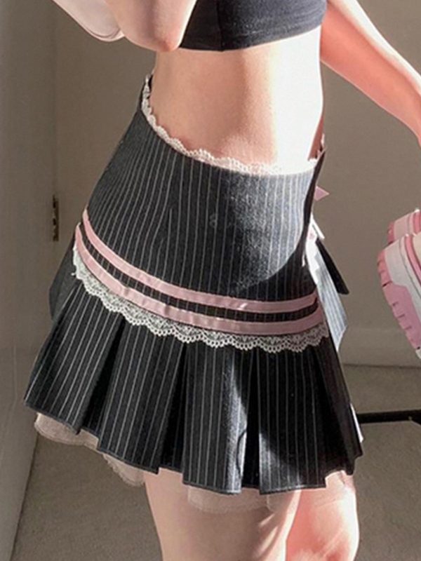 Pinstripe Lace Splice Bow Decor Pleated Low Rise Mini Skirt-1