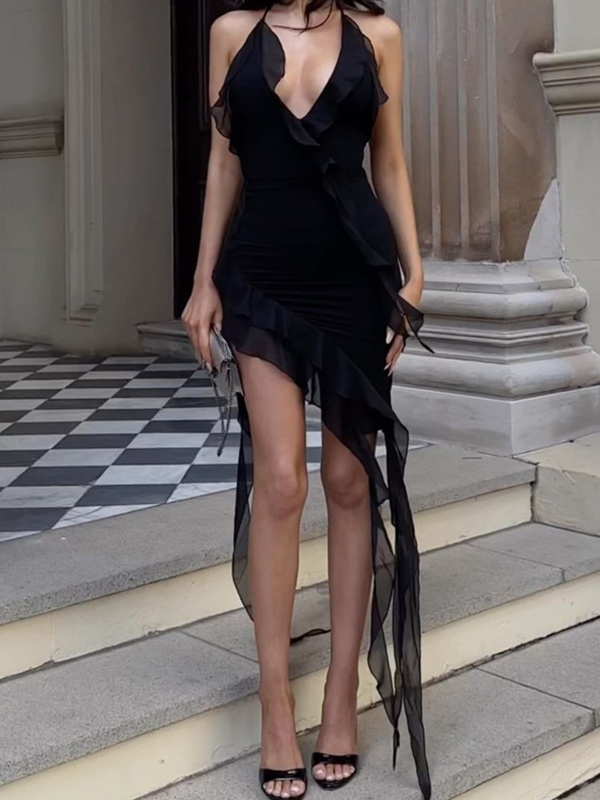 V Neck Halter Ruffled Trim Irregular Hem Mini Dress-1
