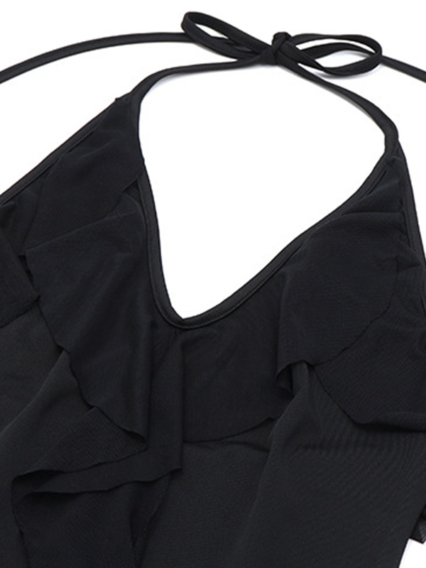 V Neck Halter Ruffled Trim Irregular Hem Mini Dress-7