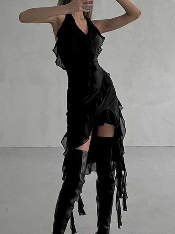 V Neck Halter Ruffled Trim Irregular Hem Mini Dress-2