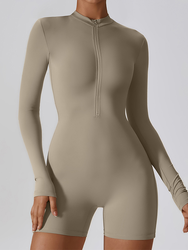 Sporty Solid Zip Up Long Sleeve Romper-1