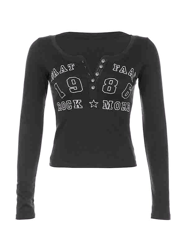 Number Letter Print Breasted Slim Long Sleeve Tee-3