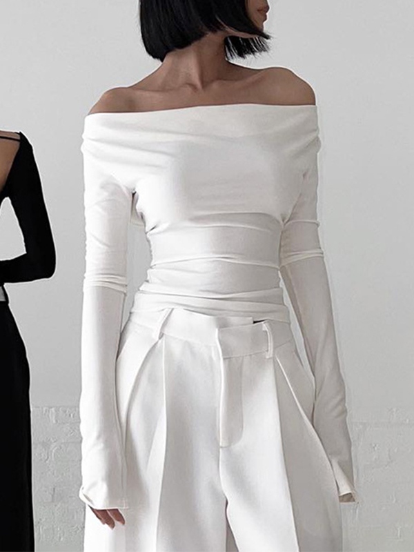 Solid Color Stacked Neck Backless Lacing Long Sleeve Tee-2