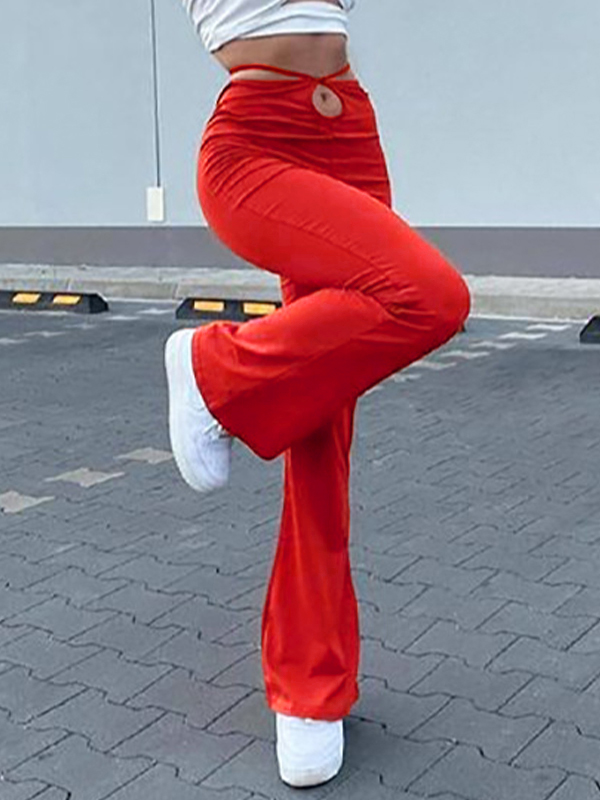 Solid Cutout Tie Back Flare Leg Pants-1