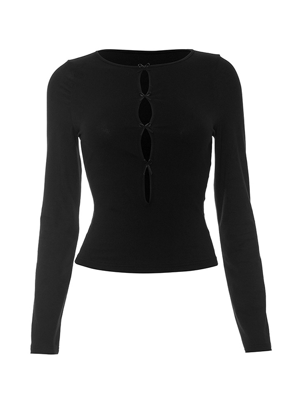 Solid Cutout Bow Decor Long Sleeve Tee-3