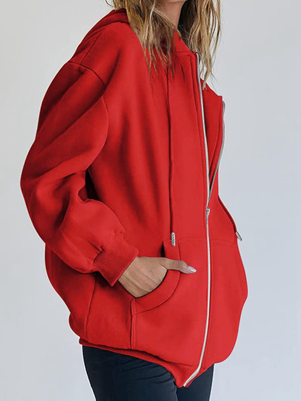 Solid Drawstring Zip Up Oversized Hoodie-3