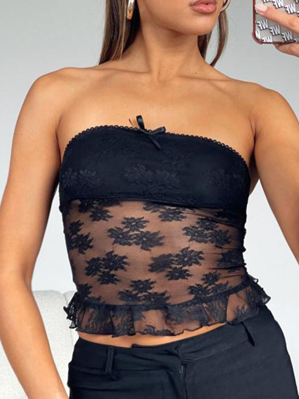Lace Mesh Splice Lettuce Hem Bandeau Top-1