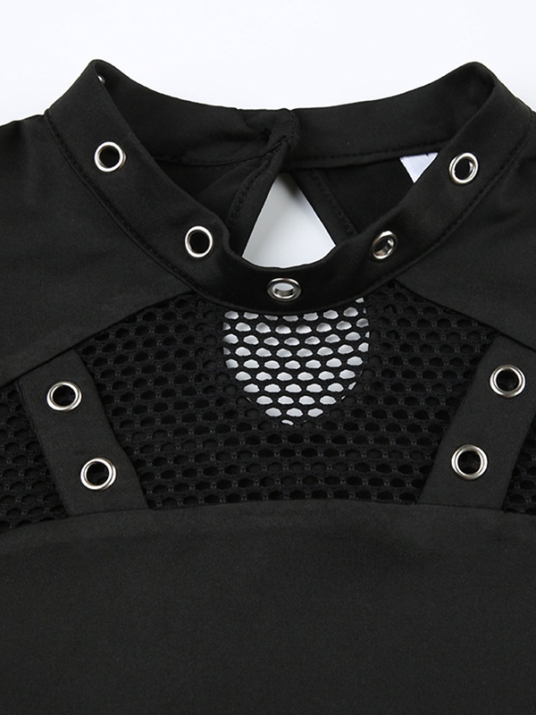 Cutout Mesh Splice Eyelet Long Sleeve Tee-5