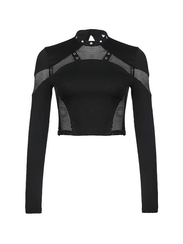 Cutout Mesh Splice Eyelet Long Sleeve Tee-4