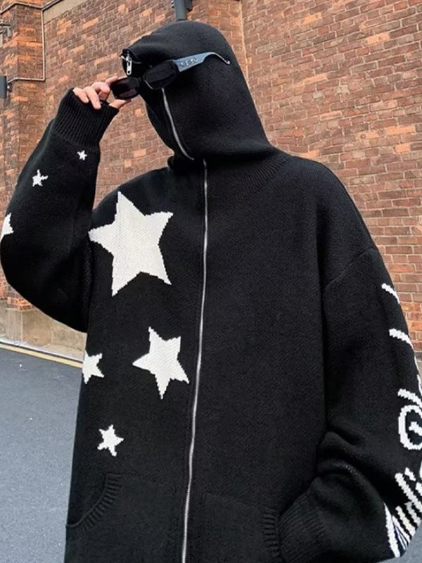 Men's Star Jacquard Zip Up Hooded Cardigan-4