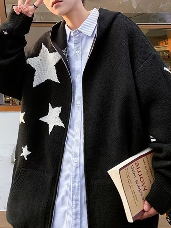 Men's Star Jacquard Zip Up Hooded Cardigan-3