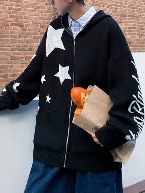 Men's Star Jacquard Zip Up Hooded Cardigan-1