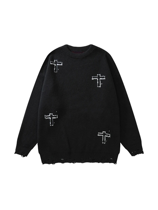 Men's Vintage Cross Print Ripped Sweater-1