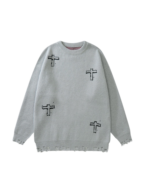 Men's Vintage Cross Print Ripped Sweater-1