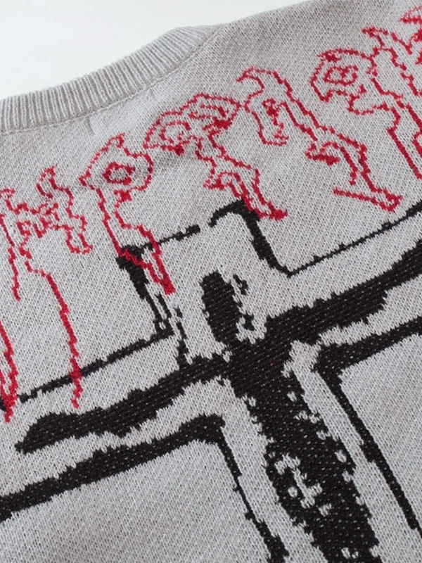 Men's Vintage Cross Print Ripped Sweater-2