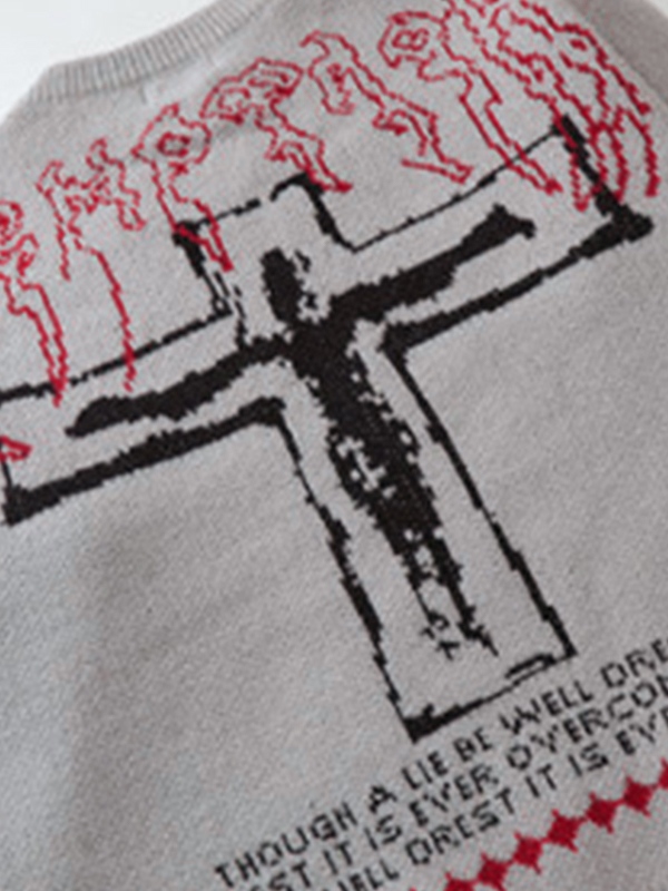 Men's Vintage Cross Print Ripped Sweater-3