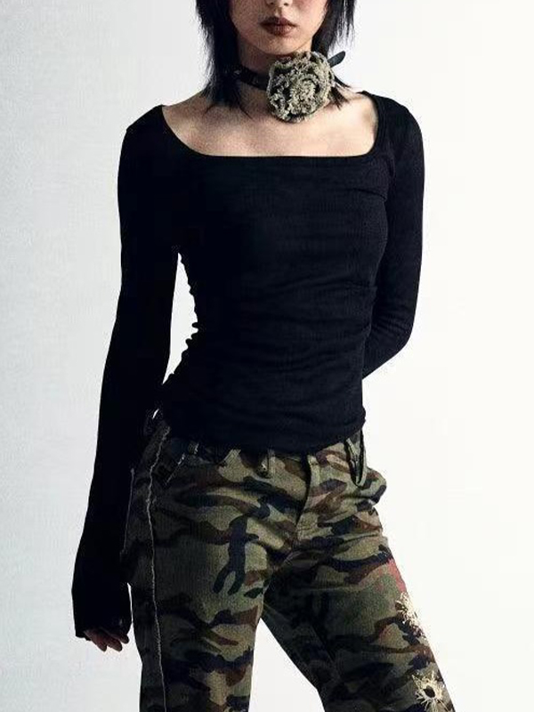 Reversible Print Square Neck Slim Long Sleeve Knit-3