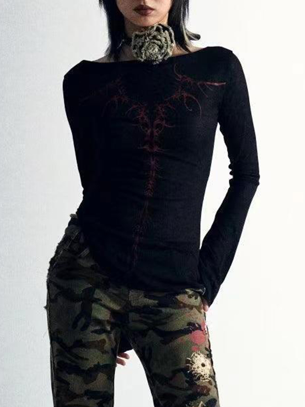 Reversible Print Square Neck Slim Long Sleeve Knit-1