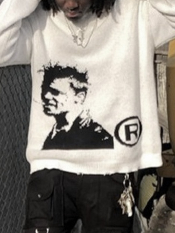 Men's Portrait Print Crew Neck Sweater-2