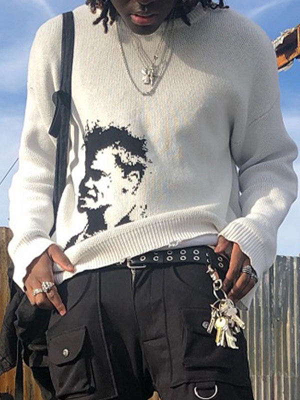 Men's Portrait Print Crew Neck Sweater-1