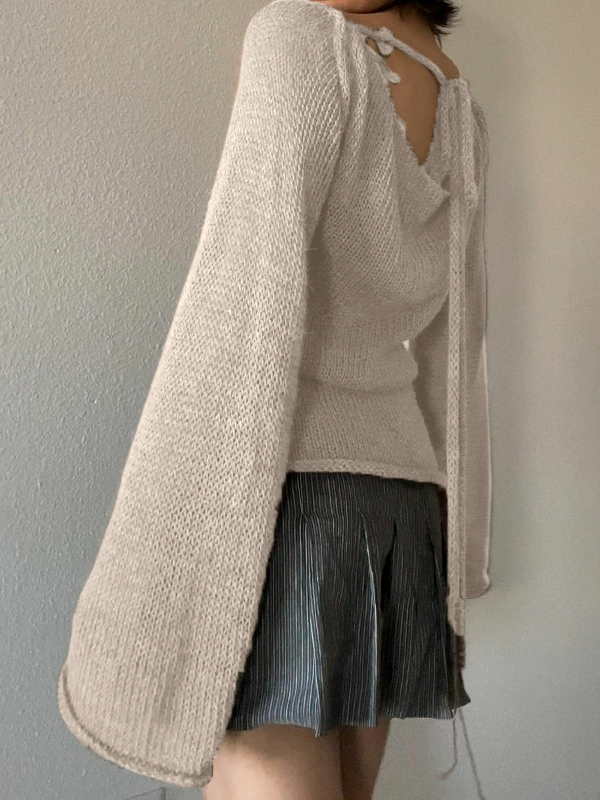 Solid Color Backless Lace Up Long Sleeve Knit-3