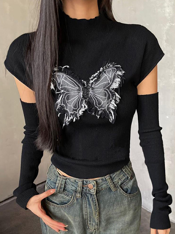 Butterfly Patch Mock Neck With Cuff Long Sleeve Knit-1