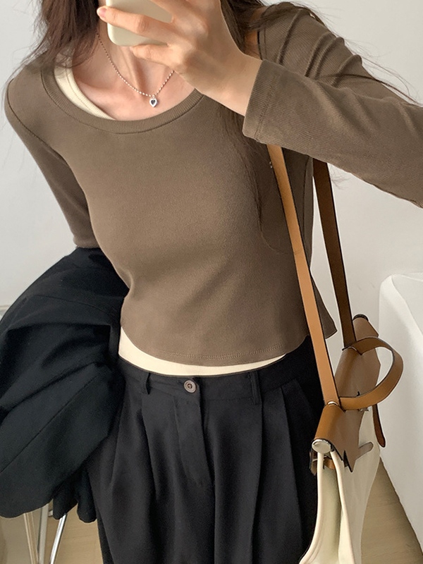 Contrast Color Fake Two Piece Long Sleeve Knit-2