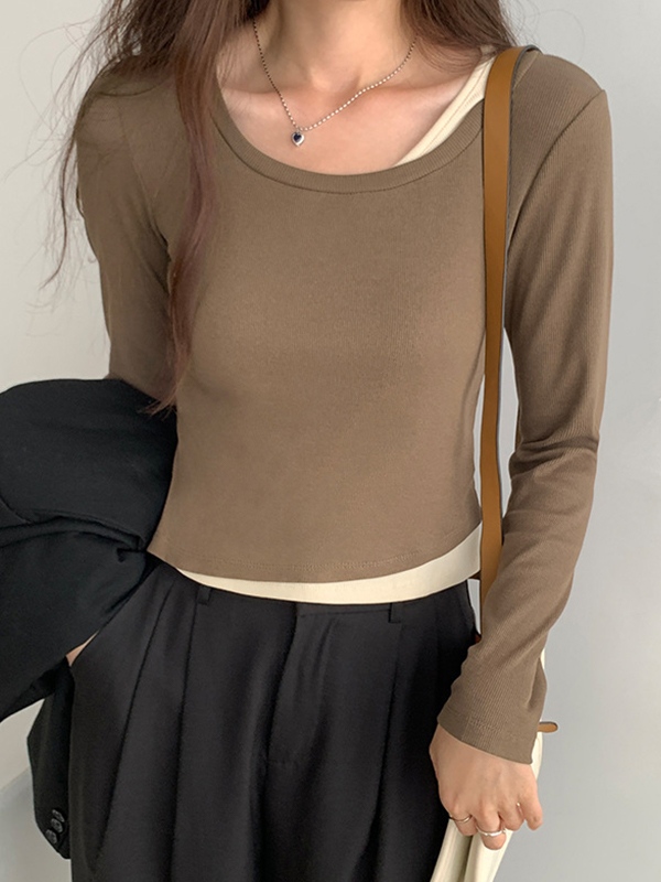 Contrast Color Fake Two Piece Long Sleeve Knit-1