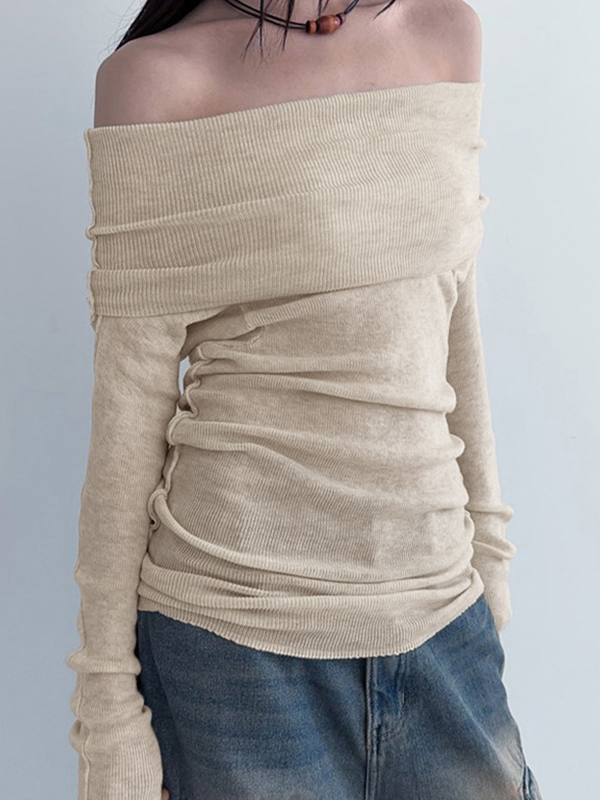 Solid Off Shoulder Slim Long Sleeve Knit-2
