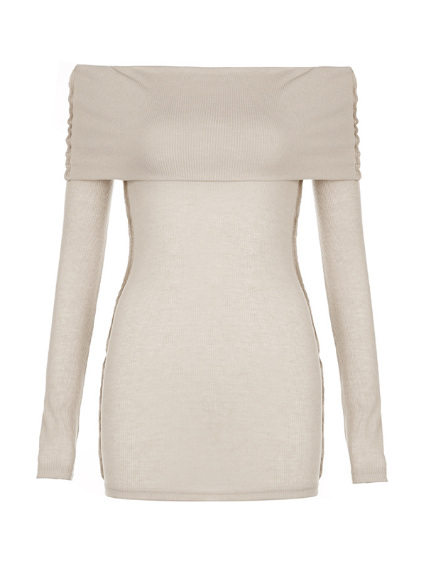 Solid Off Shoulder Slim Long Sleeve Knit-4