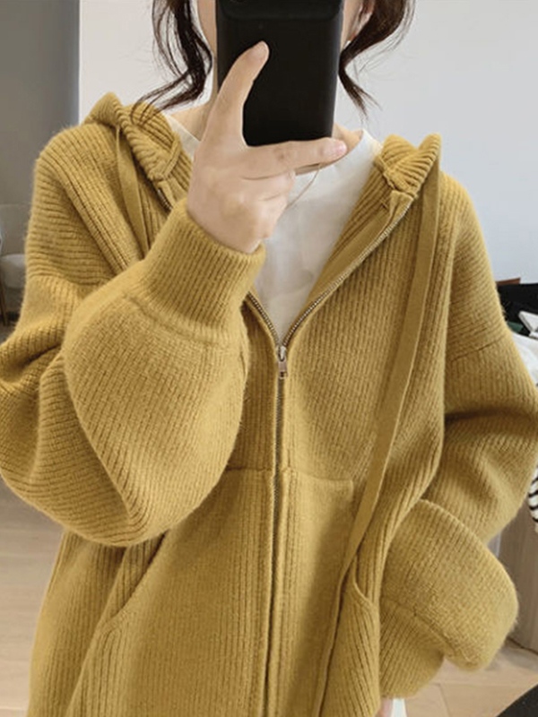 Solid Hooded Zip Up Knit Cardigan-1