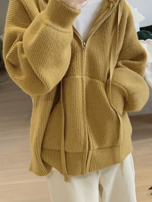 Solid Hooded Zip Up Knit Cardigan-3
