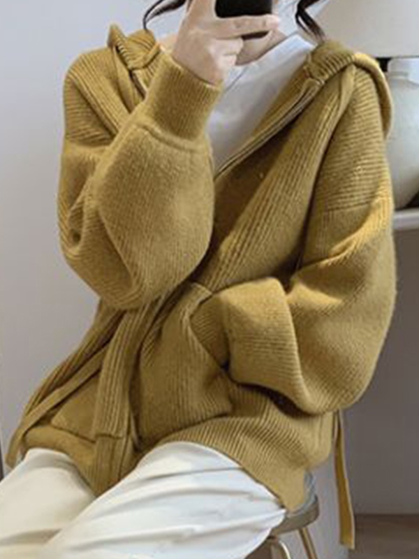 Solid Hooded Zip Up Knit Cardigan-4